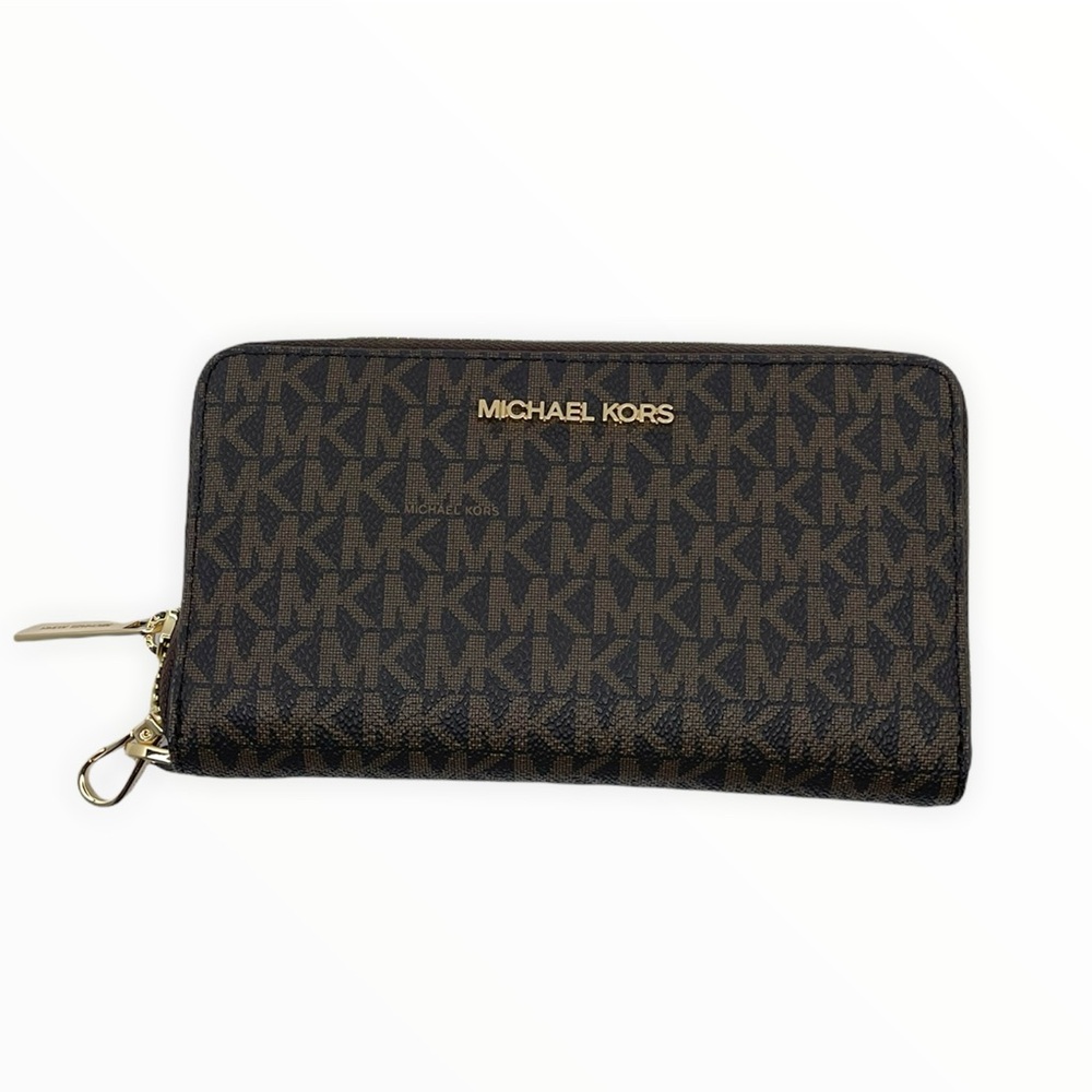 Michael Kors Signature Brown and Gold Zip Wallet